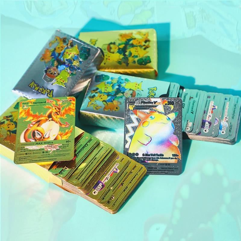 Caja de cartas de metal doradas Pokémon de 55 piezas metálicas estuche