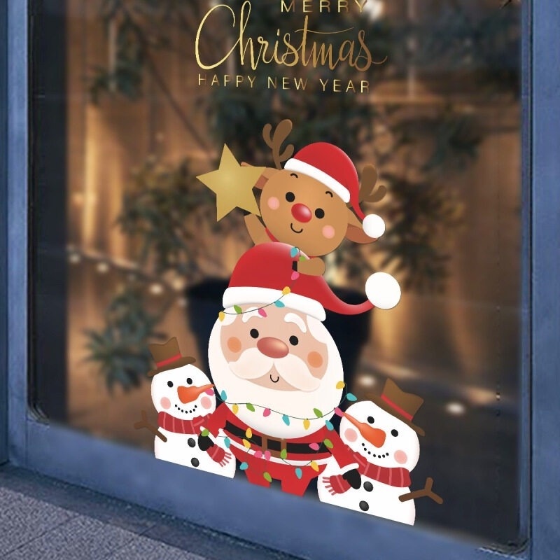 Pegatinas de PVC de Dibujos Animados De Navidad Muñeco De Nieve Santa Claus Tienda Decoración de ventana de visualización