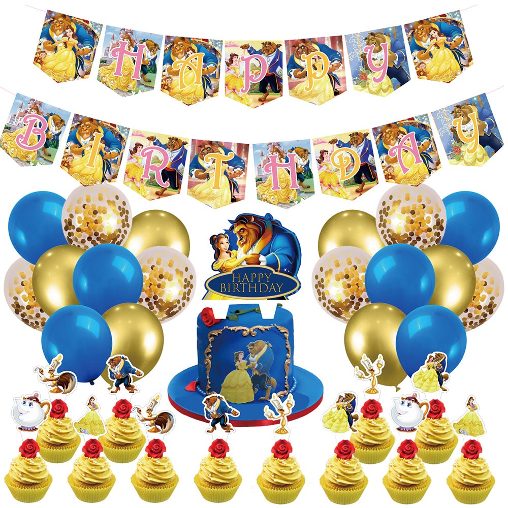 1 Juego De Decoracion De Fiesta De Cumpleanos De Nina Con Tema De La Bella Y La Bestia De Disney Globos De Latex Adorno Para Tarta Suministros Para Baby Shower Globos De